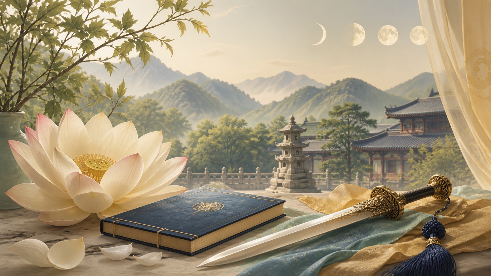 莲花、经卷与智慧剑构成的文殊菩萨纪念日插画